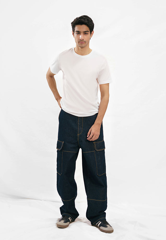 Relaxed Fit Cargo Jeans - Raw Denim