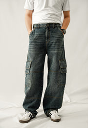Baggy Cargo Mid Seam Jeans - Dark Blue Tint