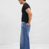 Wide Leg Pleated Jeans - Mid Blue