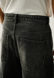 Loose Fit Baggy Denim Trousers - Black Stone Wash