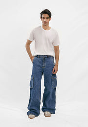 Flare Fit Cargo Pockets Jeans - Denim Blue