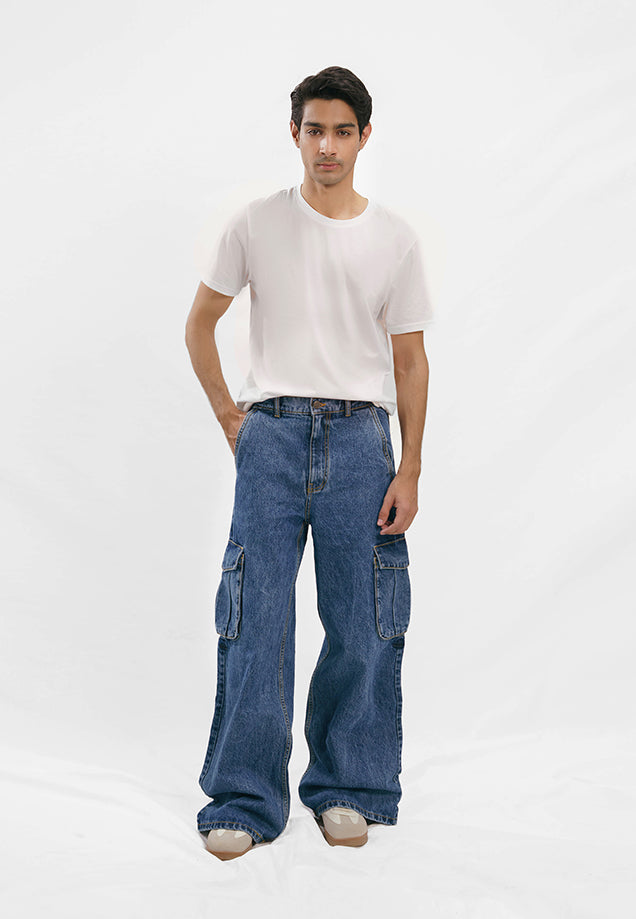 Flare Fit Cargo Pockets Jeans - Denim Blue