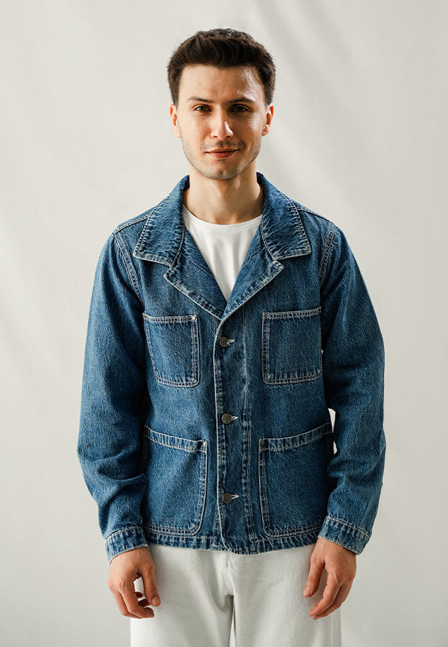 Denim Jacket With Contrast Thread - Wrinkle Wash