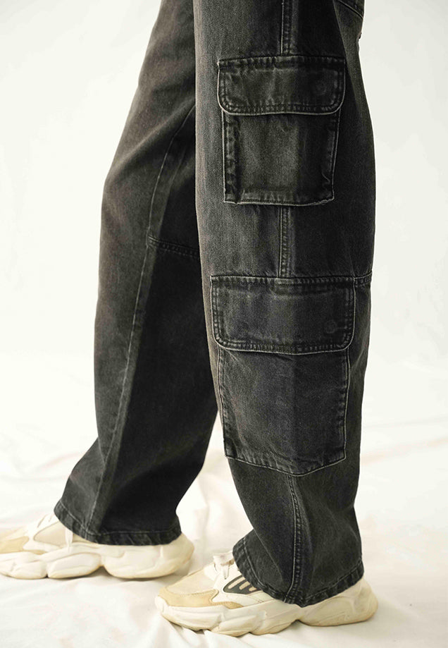 High Rise Straight Fit Cargo - Black stone wash