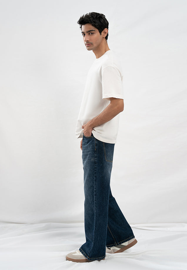 Straight Fit Wide Leg Jeans - Dark Blue