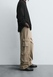 Hi-Rise Straight Fit Cargo Jeans - Sand Wash