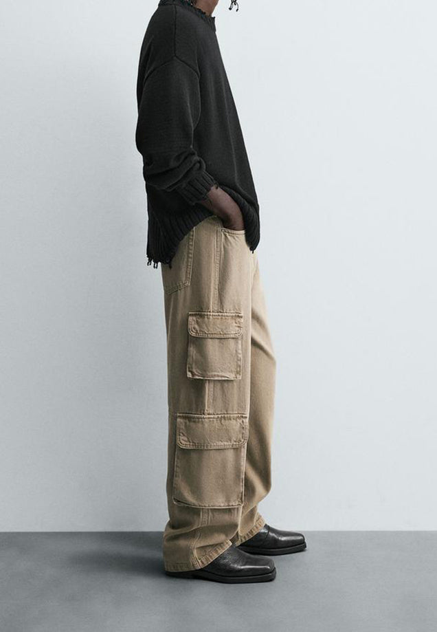 Hi-Rise Straight Fit Cargo Jeans - Sand Wash