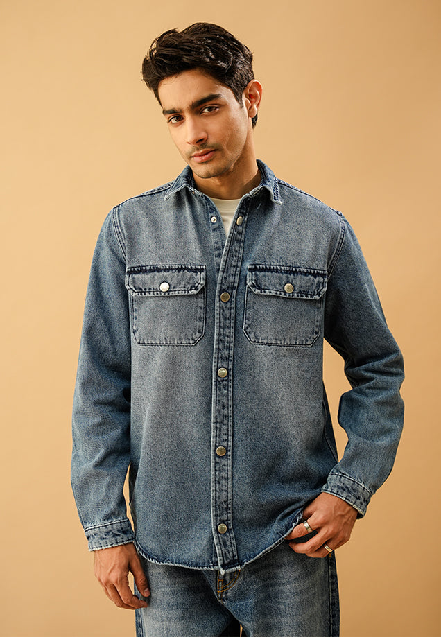 Button Down Over Shirt  - Mid Blue