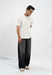 Super Wide Leg  Jeans With Cord - Black Stone Wash