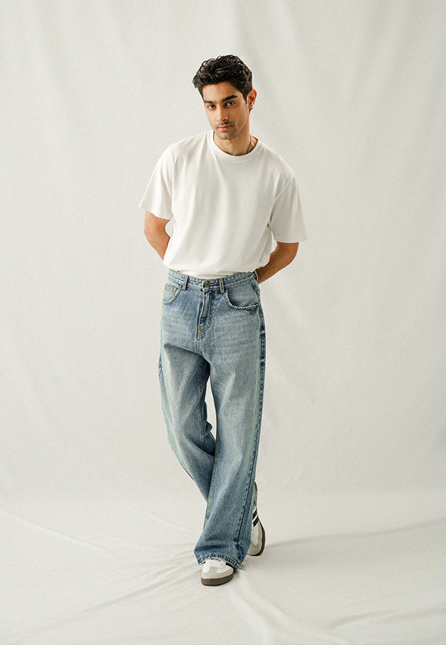 Straight Fit Wide Leg Jeans - Mid Blue Wash