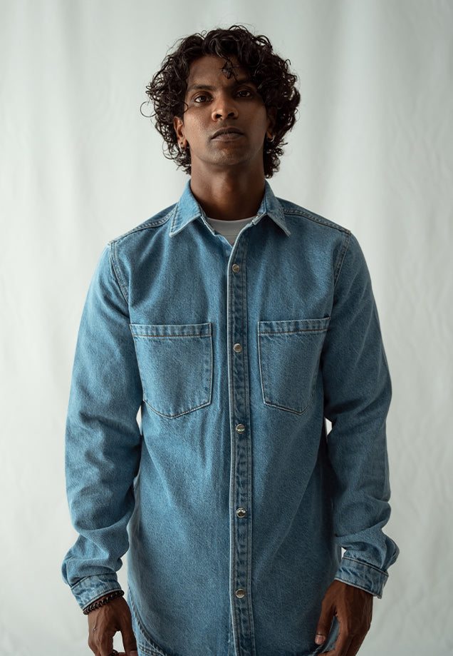 Denim Over Shirt With Pockets - Mid Blue