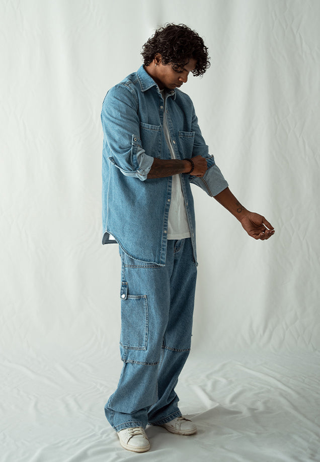 Denim Over Shirt With Pockets - Mid Blue