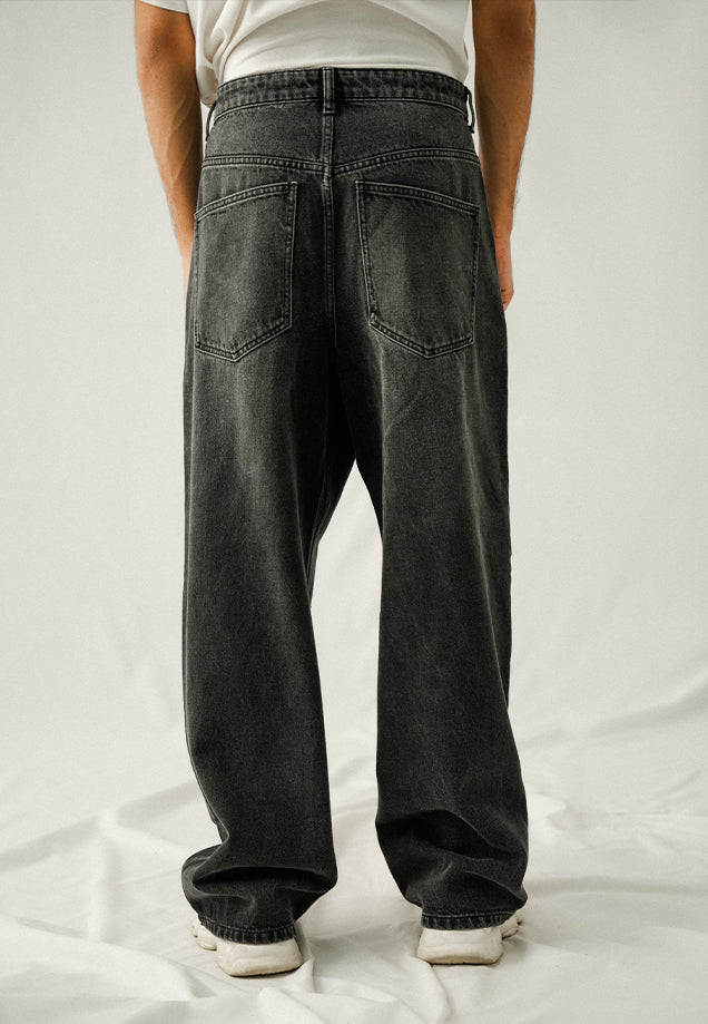 Loose Fit Baggy Denim Trousers - Black Stone Wash