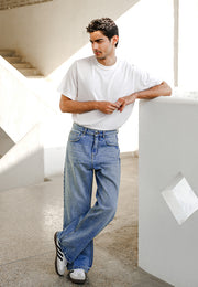 Straight Fit Wide Leg Jeans - Mid Blue Wash