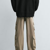 Hi-Rise Straight Fit Cargo Jeans - Sand Wash