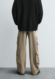 Hi-Rise Straight Fit Cargo Jeans - Sand Wash