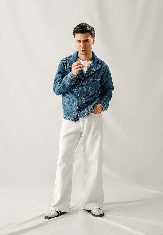 Denim Jacket With Contrast Thread - Wrinkle Wash
