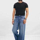 Wide Leg Pleated Jeans - Mid Blue