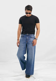 Wide Leg Pleated Jeans - Mid Blue