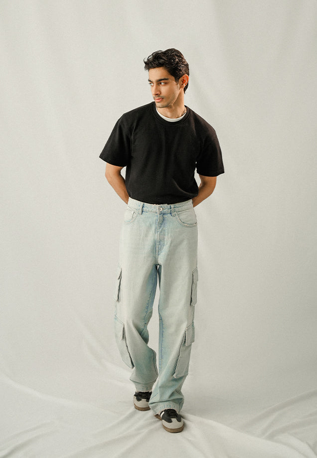 High Rise Straight Fit Cargo - Light Blue Tint Wash