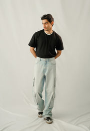 High Rise Straight Fit Cargo - Light Blue Tint Wash