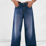 Wide Leg Pleated Jeans - Dark Blue