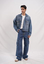 Flare Fit Cargo Pockets Jeans - Denim Blue