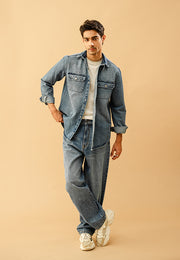 Button Down Over Shirt  - Mid Blue
