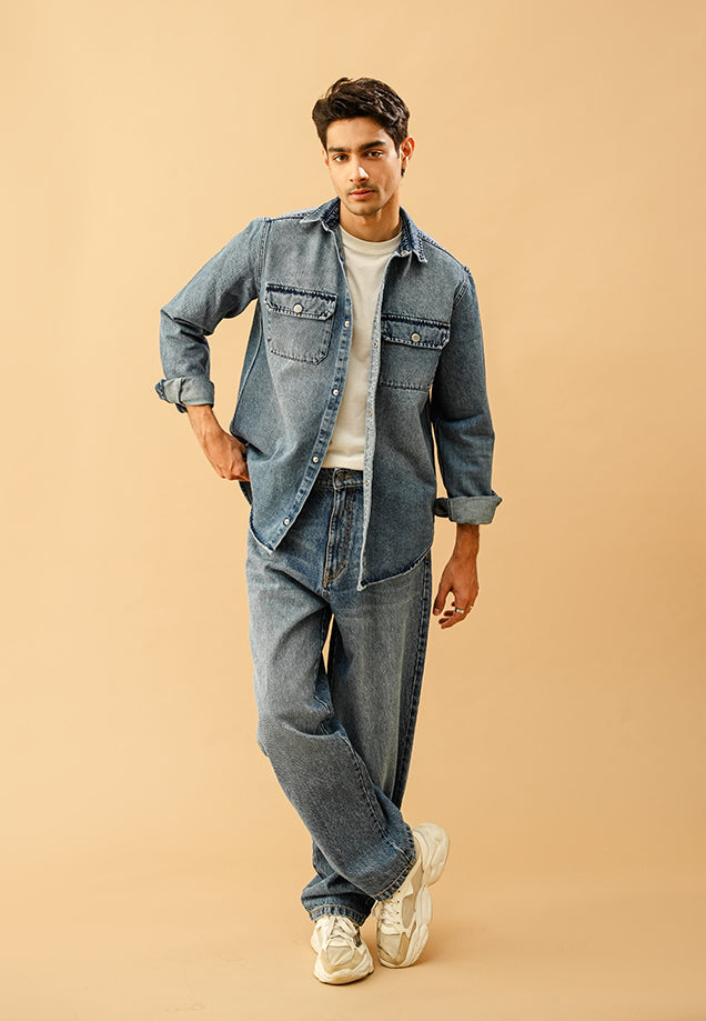 Button Down Over Shirt  - Mid Blue