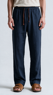 Relaxed Fit Herringbone Linen Trousers - Dark Blue