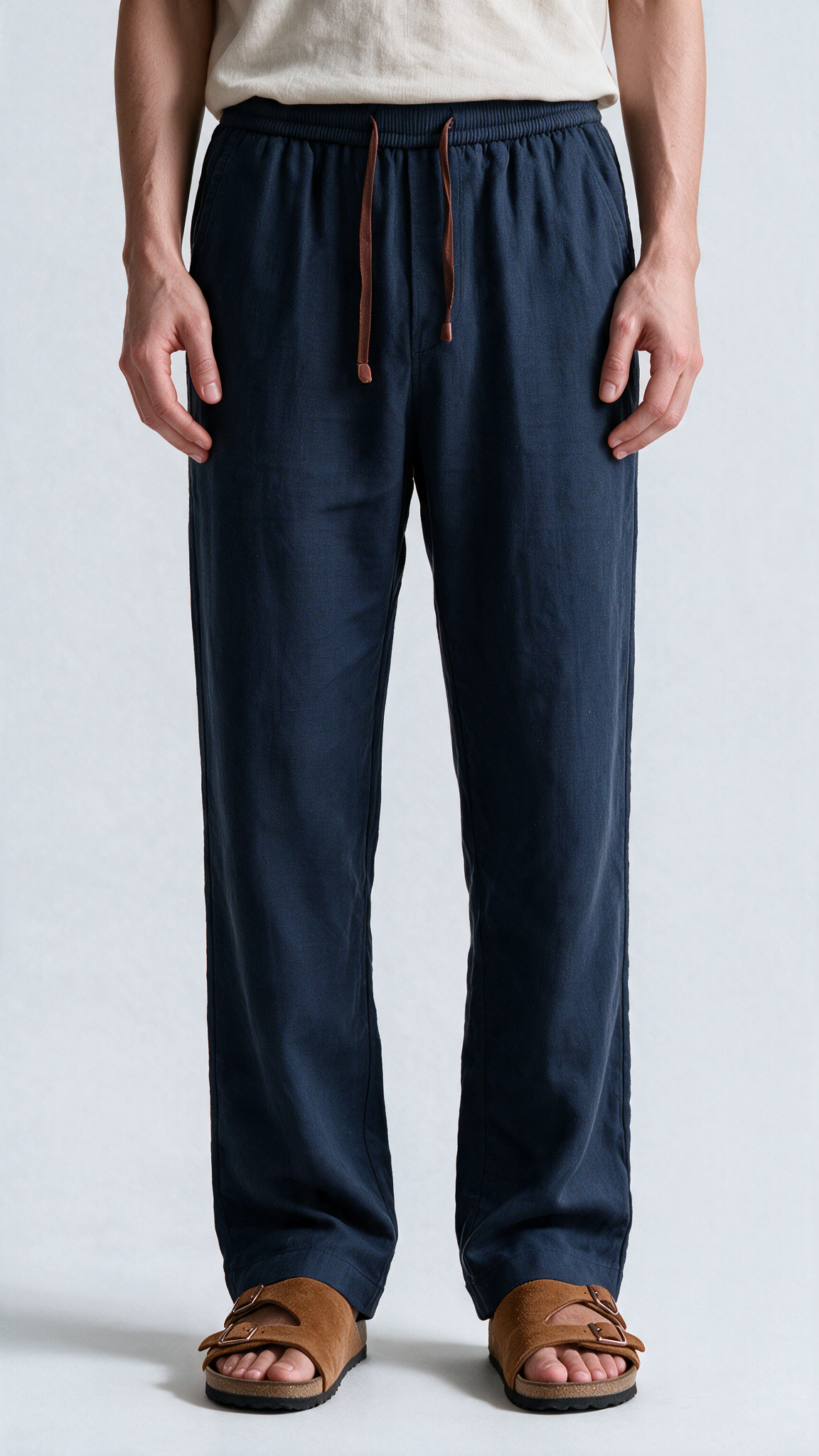 Relaxed Fit Herringbone Linen Trousers - Dark Blue