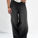 Super Wide Leg  Jeans With Cord - Black Stone Wash