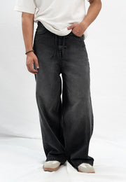 Super Wide Leg  Jeans With Cord - Black Stone Wash