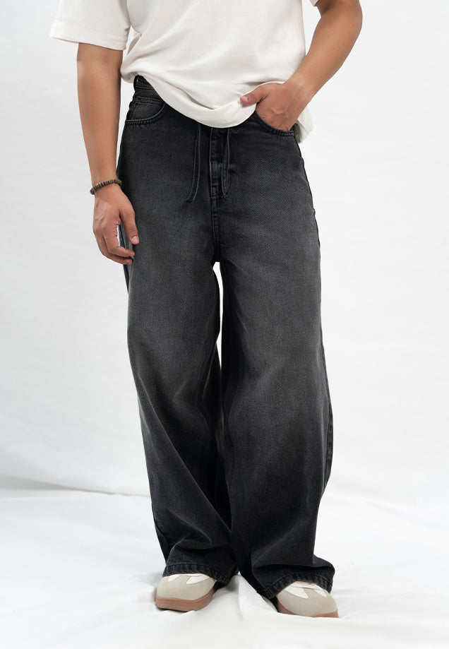Super Wide Leg  Jeans With Cord - Black Stone Wash