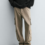 Hi-Rise Straight Fit Cargo Jeans - Sand Wash