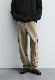 Hi-Rise Straight Fit Cargo Jeans - Sand Wash