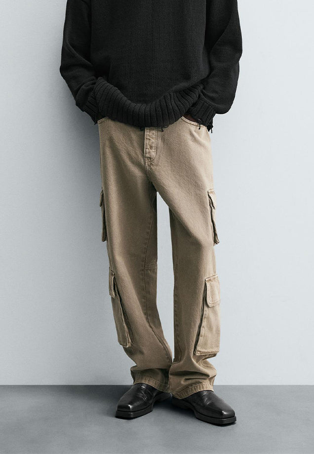 Hi-Rise Straight Fit Cargo Jeans - Sand Wash
