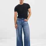 Wide Leg Pleated Jeans - Mid Blue
