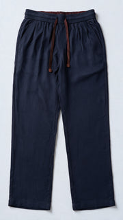 Relaxed Fit Herringbone Linen Trousers - Dark Blue