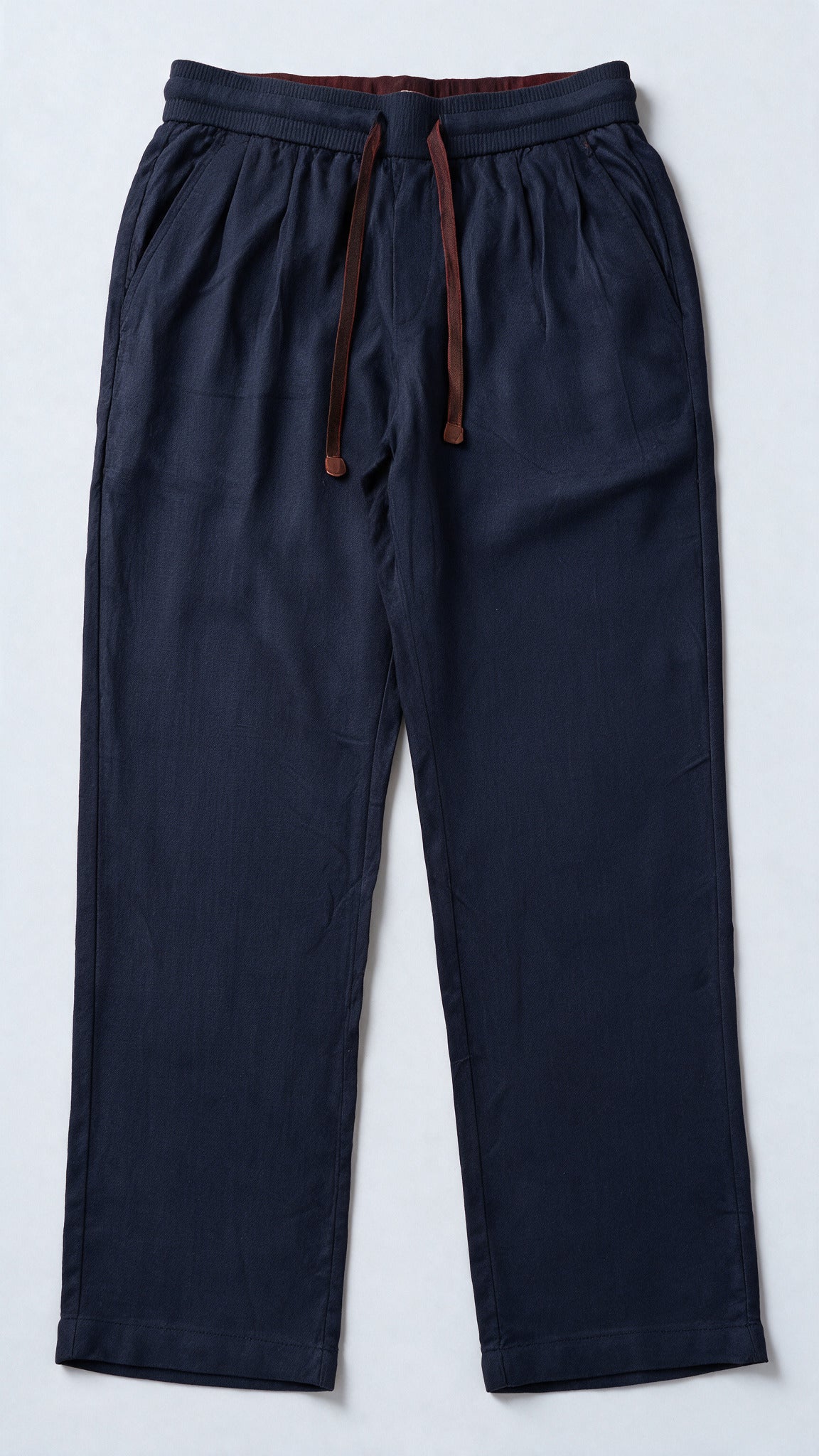 Relaxed Fit Herringbone Linen Trousers - Dark Blue