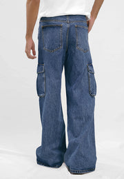 Flare Fit Cargo Pockets Jeans - Denim Blue
