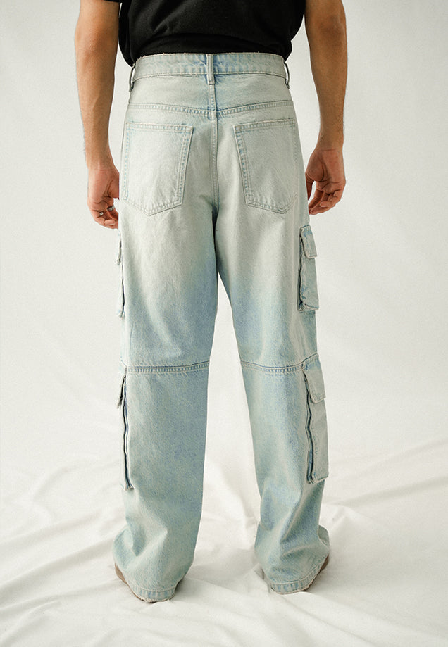 High Rise Straight Fit Cargo - Light Blue Tint Wash