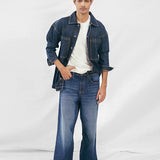 Wide Leg Pleated Jeans - Dark Blue