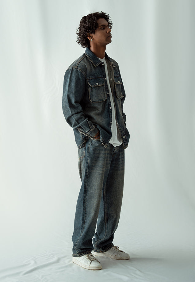 Denim Over Shirt With Flap Pockets -  Dark Blue