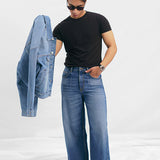 Wide Leg Pleated Jeans - Mid Blue