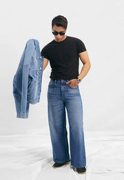 Wide Leg Pleated Jeans - Mid Blue