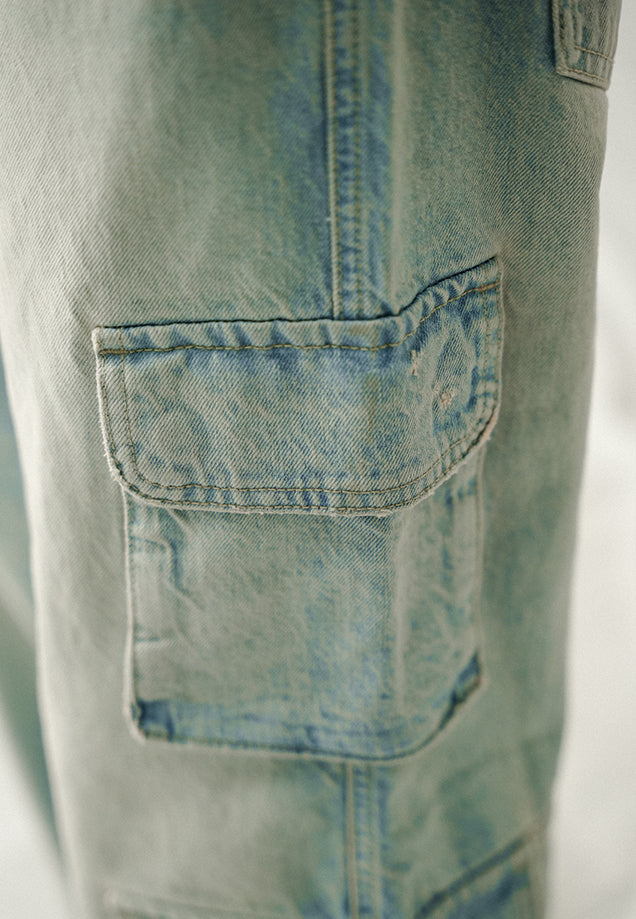 High Rise Straight Fit Cargo - Light Blue Tint Wash