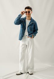 Denim Jacket With Contrast Thread - Wrinkle Wash