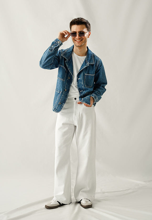Denim Jacket With Contrast Thread - Wrinkle Wash
