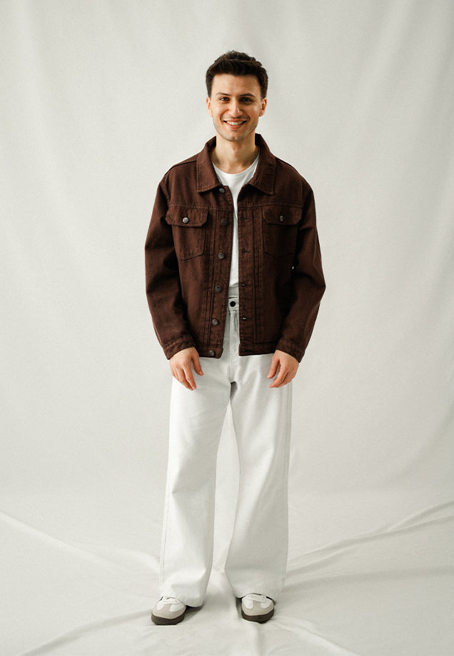 100% Cotton Denim Jacket - Brown Over Dyed